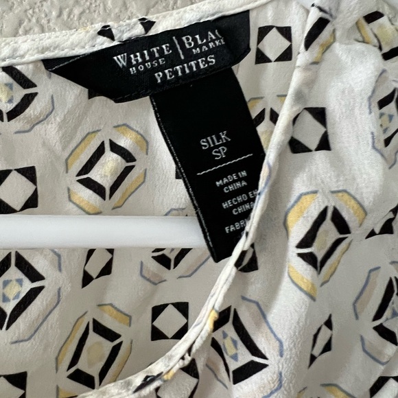 WHBM 100% silk top, size Small Petite in white with navy and gold accents - Picture 3 of 5